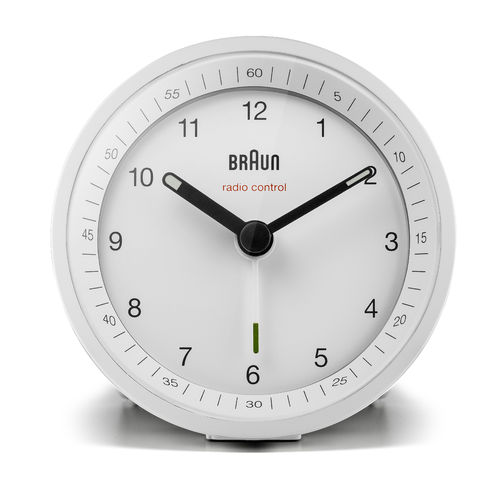Braun Design BC07W-DCF radio controlled analogue alarm clock, white, 67010