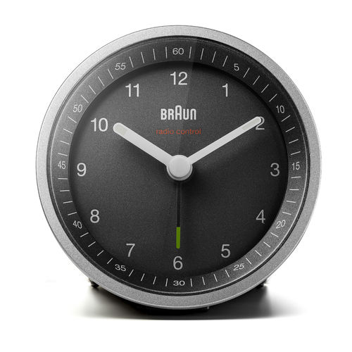 Braun Design BC07SB-DCF radio controlled analogue alarm clock, black-silver, 67098