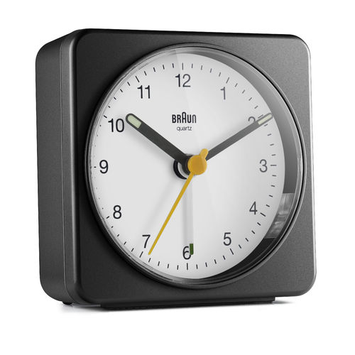 Braun BC03BW classic design quartz alarm clock, black/white, new, 67027