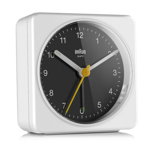 Braun BC03WB classic design quartz alarm clock, white/black, new, 67028