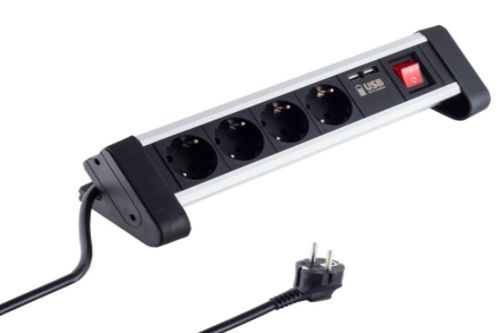 Table socket outlet 4-fold + USB charging function power strip, ALU design, 1.5m